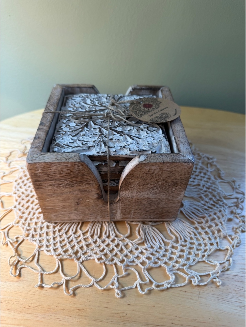 Set of 6 Handcrafted Wooden Coasters with Intricate Floral Design